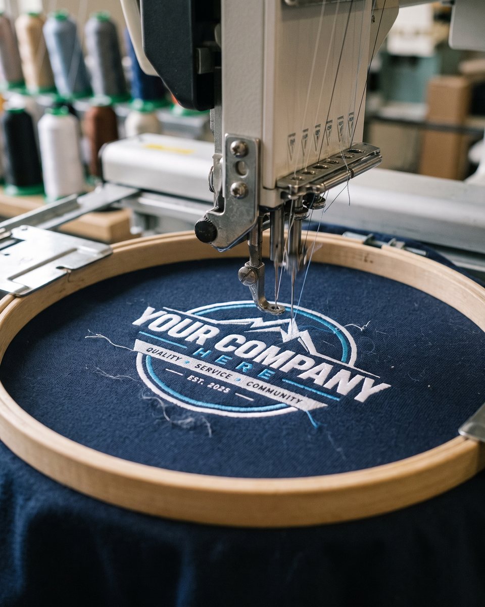 Embroidery machine stitching the logo onto a navy polo held in a hoop.