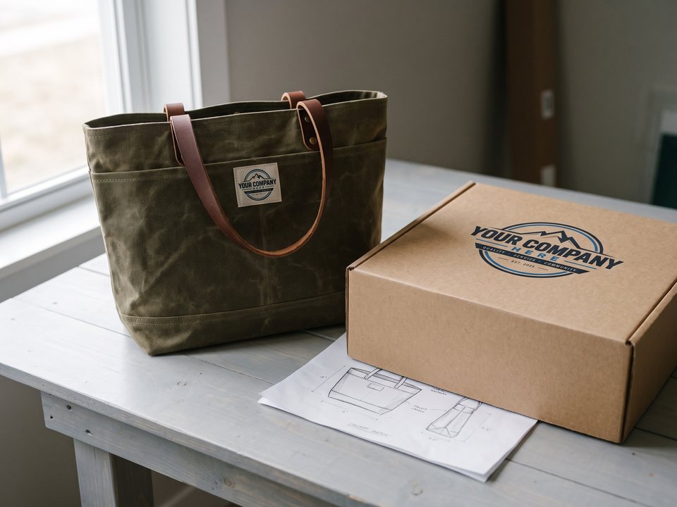 A custom waxed canvas tote with a woven crest label beside its printed kraft box.