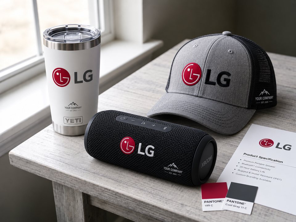 An LG-branded YETI tumbler, cap and speaker on a worktable, each also carrying the Your Company mark, beside a spec sheet and Pantone chips.