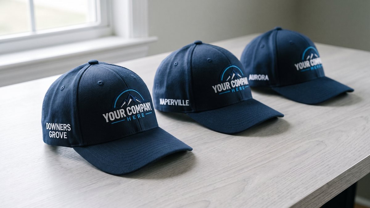 Three matching navy caps with the same crest on the front and a different town name stitched on the side.