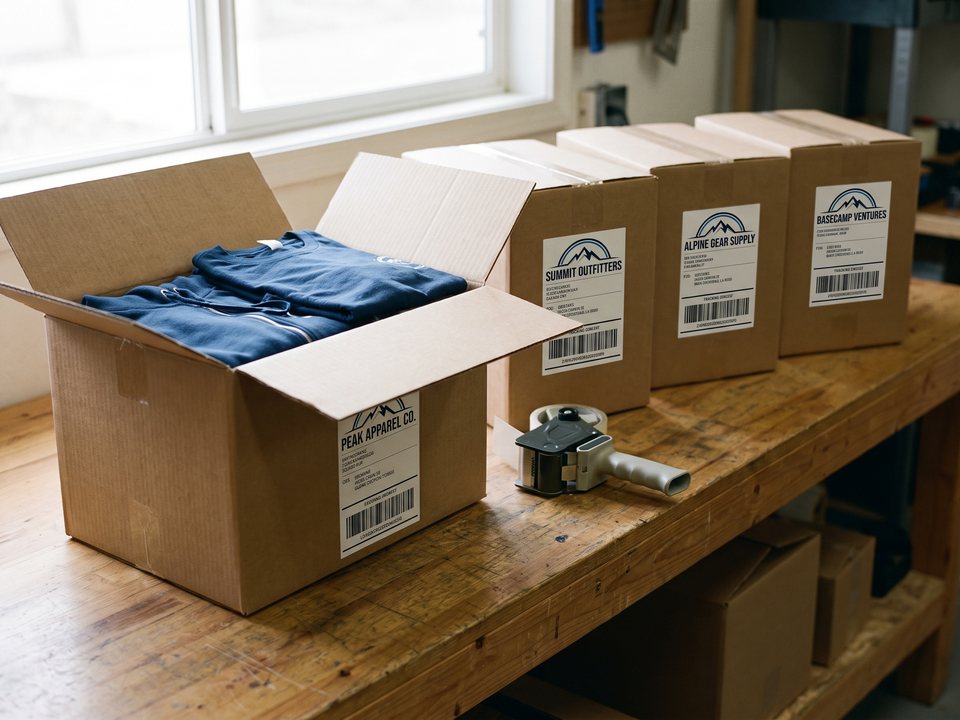 Kraft shipping cartons on a packing bench, each labeled for a different business.